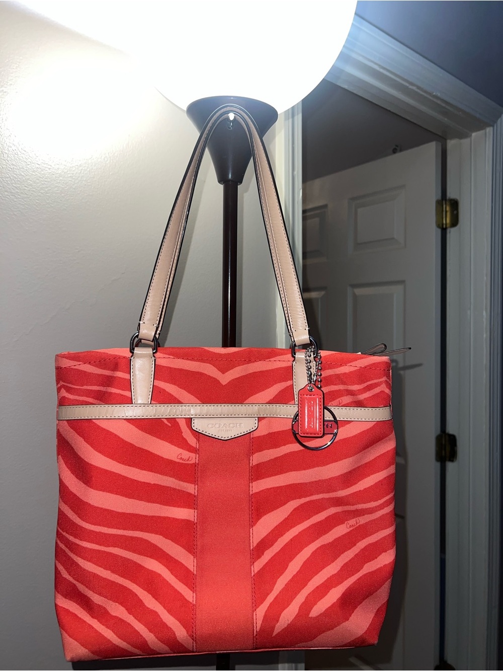 Coach Zebra Print Canvas Tote Bag Leather Trim F29298
